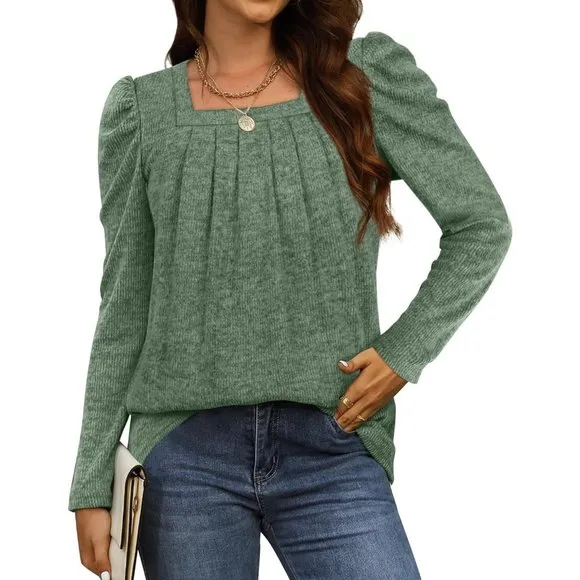 Womens  Lightweight Puff Sleeve Pleated Square Neck Tunic Sweaters Shirts