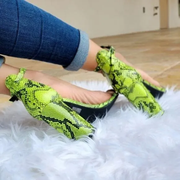 Women's Neon Snakeskin Ankle Strap Chunky Heel