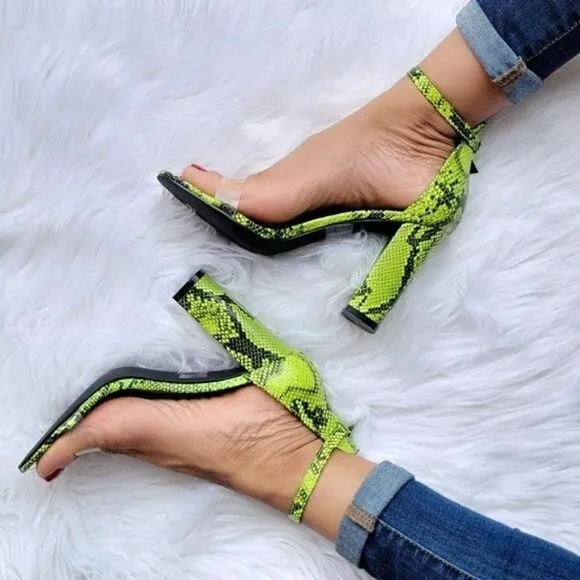 Women's Neon Snakeskin Ankle Strap Chunky Heel