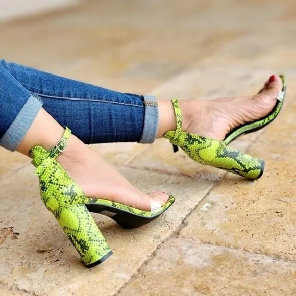 Women's Neon Snakeskin Ankle Strap Chunky Heel