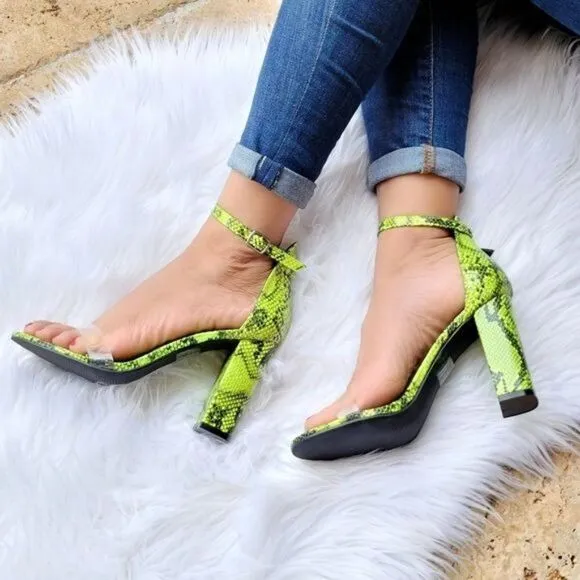 Women's Neon Snakeskin Ankle Strap Chunky Heel