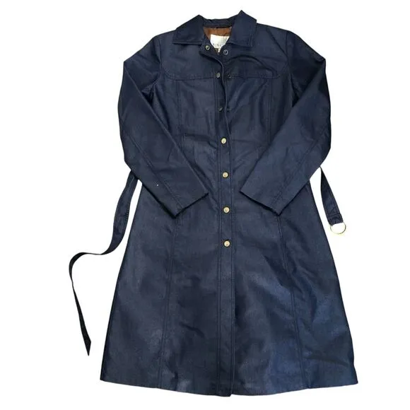 Womens Nine West Coated Denim Snap Front Long Line Belted Dress Coat Sz S