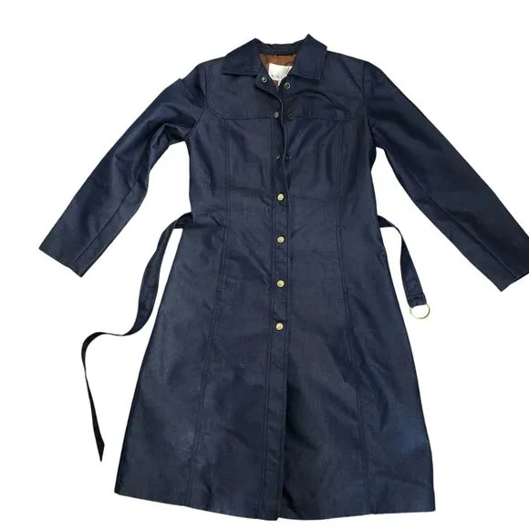 Womens Nine West Coated Denim Snap Front Long Line Belted Dress Coat Sz S