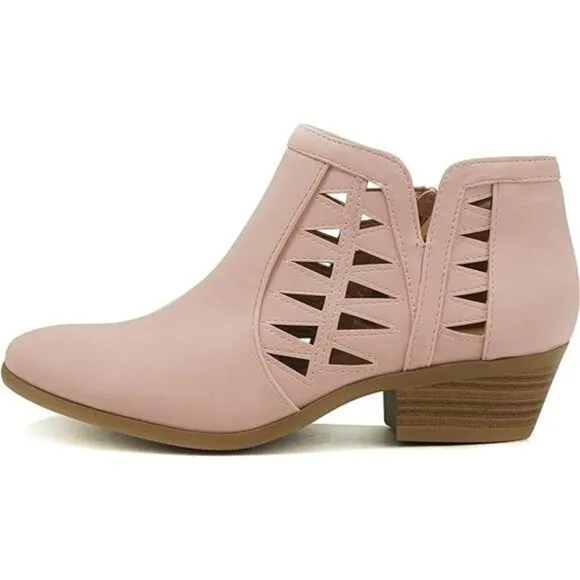 Women's Perforated Cut Out Stacked Heel Booties - Leather, Side Zipper