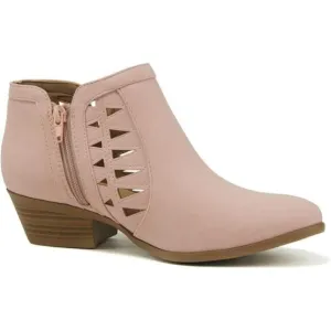 Women's Perforated Cut Out Stacked Heel Booties - Leather, Side Zipper