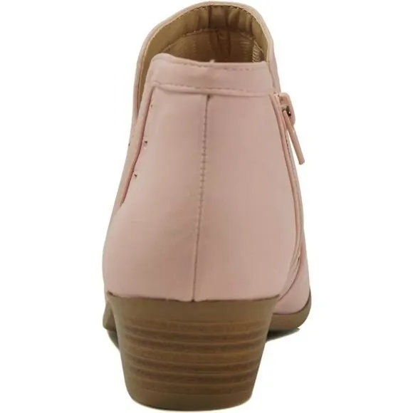 Women's Perforated Cut Out Stacked Heel Booties - Leather, Side Zipper