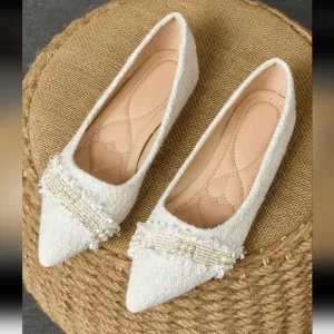 Women's Pointed Toe Flat Shoes,French Style Slip-On Faux Pearl Party/Work Shoes