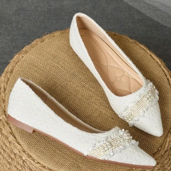 Women's Pointed Toe Flat Shoes,French Style Slip-On Faux Pearl Party/Work Shoes