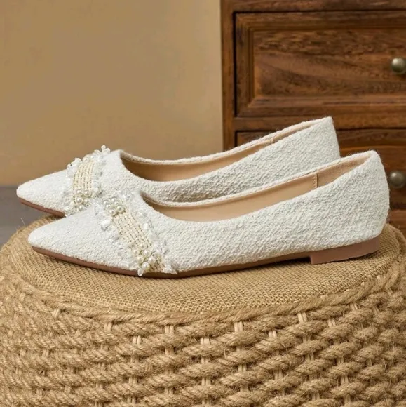 Women's Pointed Toe Flat Shoes,French Style Slip-On Faux Pearl Party/Work Shoes