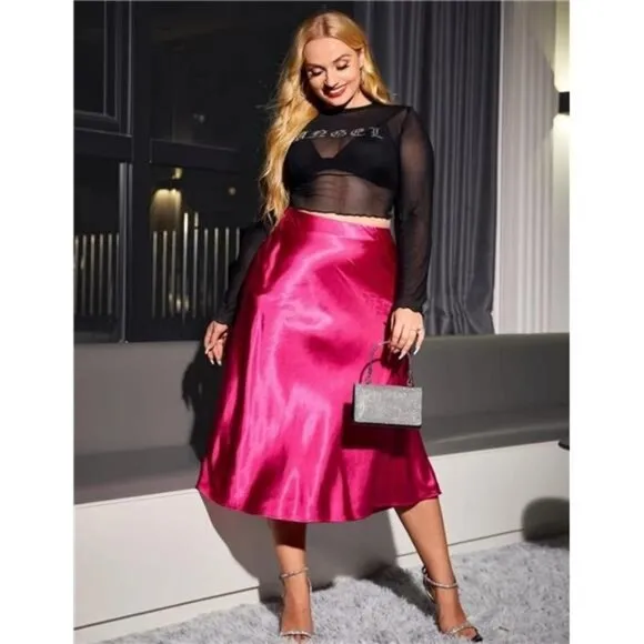 Womens Satin Skirts Zipper Elegant Hot Pink