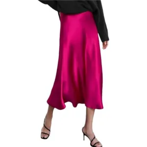 Womens Satin Skirts Zipper Elegant Hot Pink