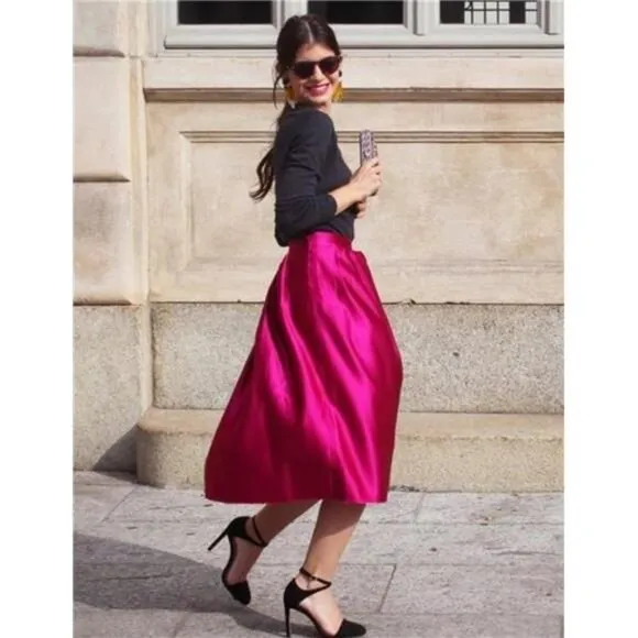 Womens Satin Skirts Zipper Elegant Hot Pink