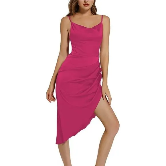 Women's Satin Wrap Ruched Dress, Rose Pink