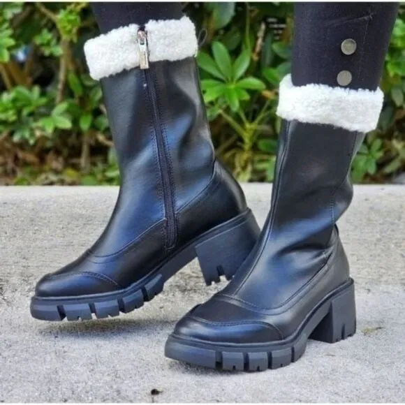 Women's Sherpa Faux Fur Ankle Boot Black Color