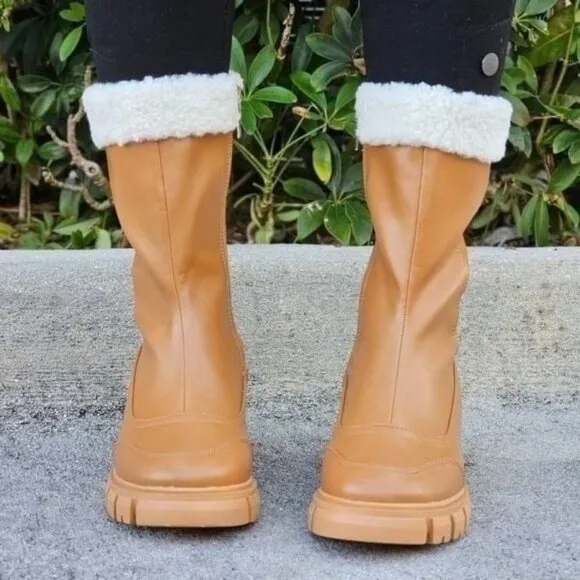 Women's Sherpa Faux Fur Ankle Boot Tan Color