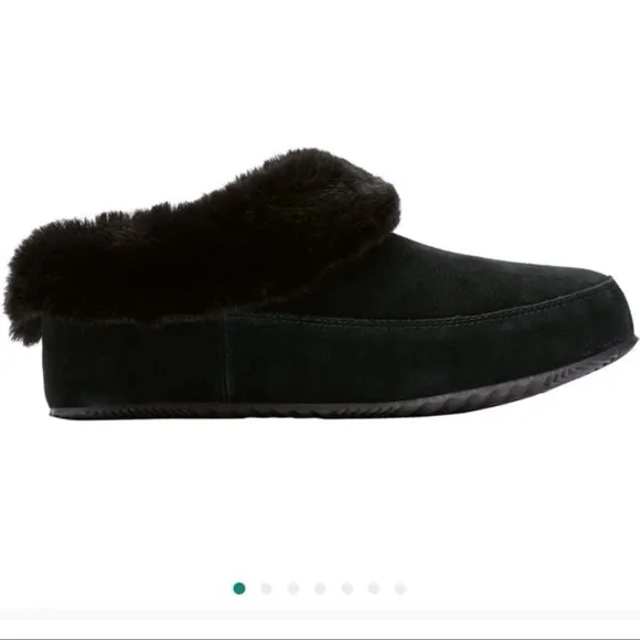 Women’s Sorel Go-Coffee Run Black Suede Luxe Faux Fur Slipper Shoes SZ 9 NEW