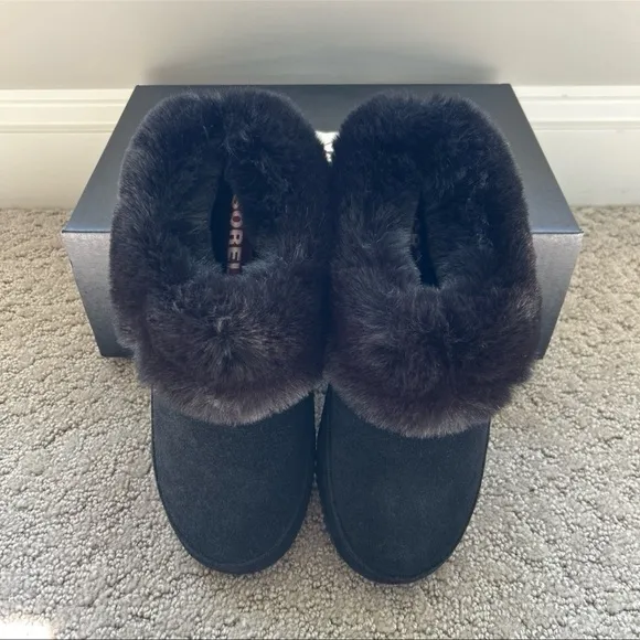 Women’s Sorel Go-Coffee Run Black Suede Luxe Faux Fur Slipper Shoes SZ 9 NEW
