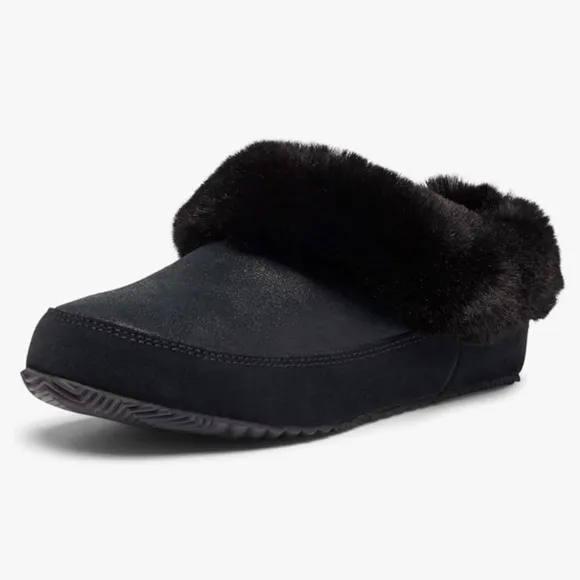 Women’s Sorel Go-Coffee Run Black Suede Luxe Faux Fur Slipper Shoes SZ 9 NEW