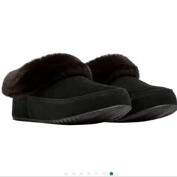 Women’s Sorel Go-Coffee Run Black Suede Luxe Faux Fur Slipper Shoes SZ 9 NEW