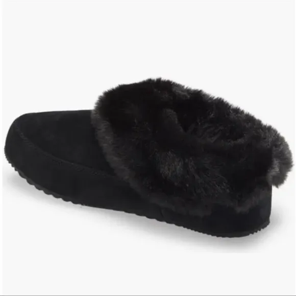 Women’s Sorel Go-Coffee Run Black Suede Luxe Faux Fur Slipper Shoes SZ 9 NEW