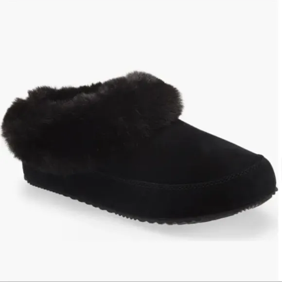 Women’s Sorel Go-Coffee Run Black Suede Luxe Faux Fur Slipper Shoes SZ 9 NEW