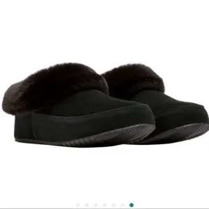 Women’s Sorel Go-Coffee Run Black Suede Luxe Faux Fur Slipper Shoes SZ 9 NEW