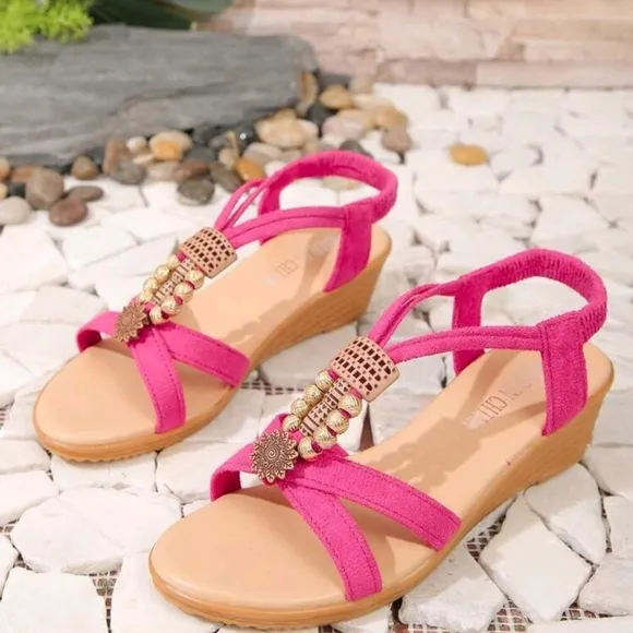 Women's Style Beaded Mid-Heel Hot Pink Sandals With Open Toe And Wedge Heel