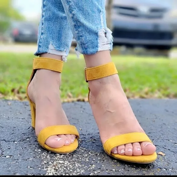 Womens Suede Ankle Strap Block Heel Dress Sandals Mustard Yellow Color