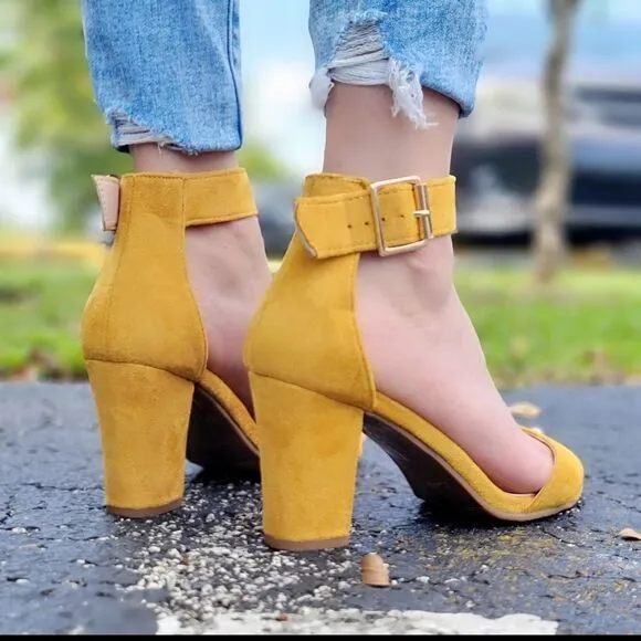 Womens Suede Ankle Strap Block Heel Dress Sandals Mustard Yellow Color