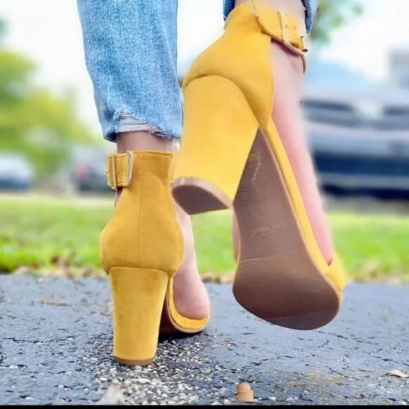 Womens Suede Ankle Strap Block Heel Dress Sandals Mustard Yellow Color