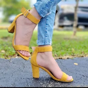 Womens Suede Ankle Strap Block Heel Dress Sandals Mustard Yellow Color