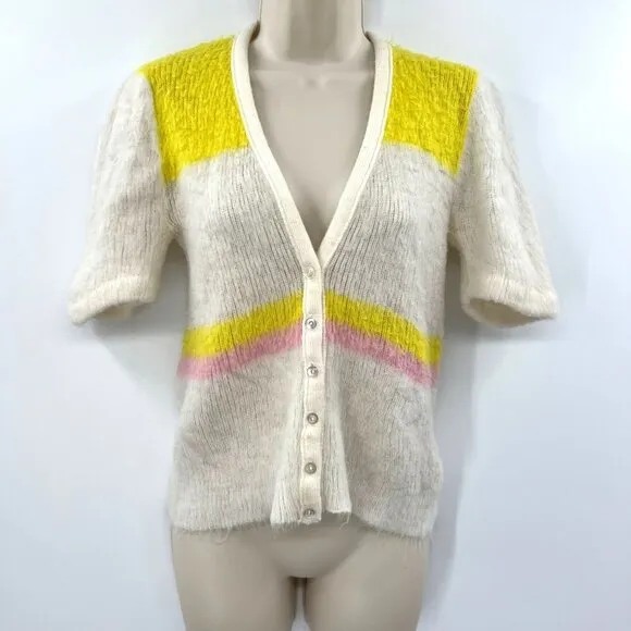 Women's sweater vintage retro 70 White &amp; Yellow V-Neck Short Sleeve Button Front