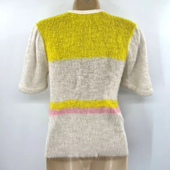 Women's sweater vintage retro 70 White &amp; Yellow V-Neck Short Sleeve Button Front