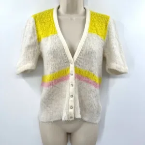 Women's sweater vintage retro 70 White &amp; Yellow V-Neck Short Sleeve Button Front