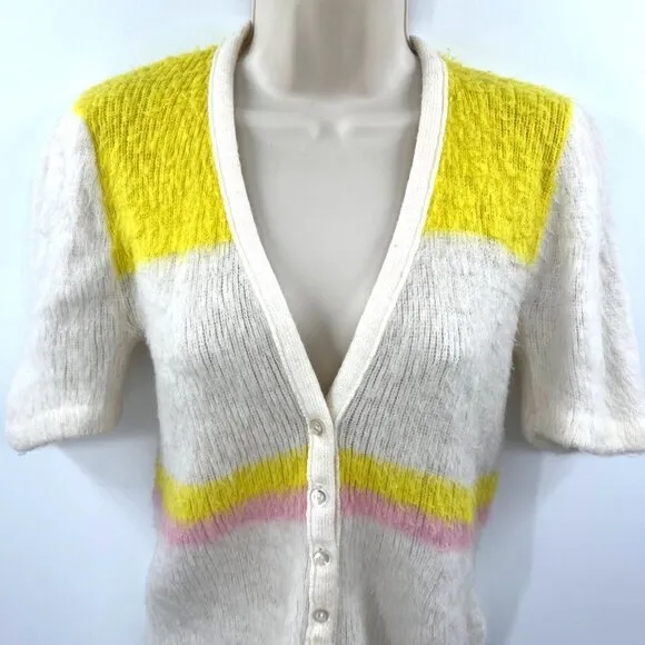 Women's sweater vintage retro 70 White &amp; Yellow V-Neck Short Sleeve Button Front