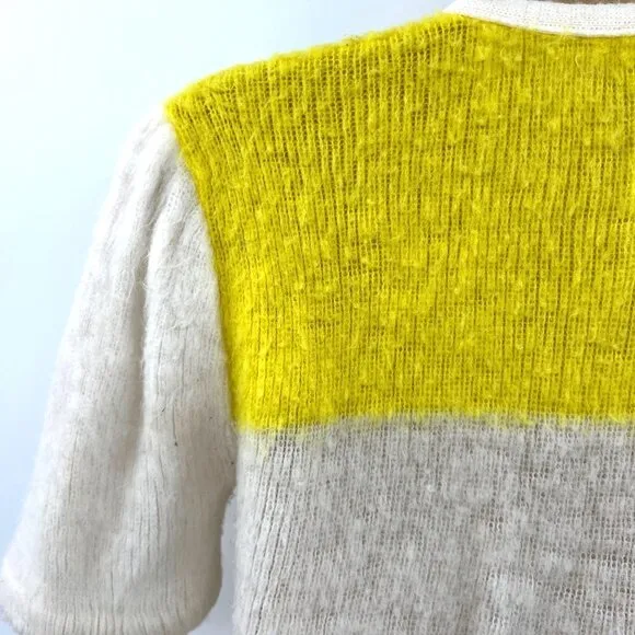 Women's sweater vintage retro 70 White &amp; Yellow V-Neck Short Sleeve Button Front