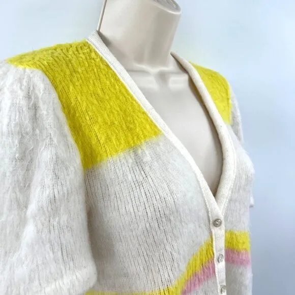 Women's sweater vintage retro 70 White &amp; Yellow V-Neck Short Sleeve Button Front