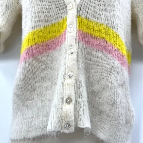 Women's sweater vintage retro 70 White &amp; Yellow V-Neck Short Sleeve Button Front