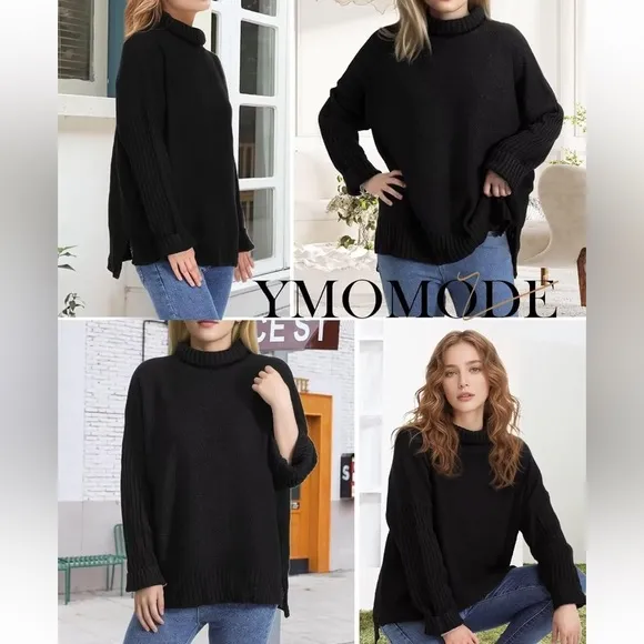 Women's Turtleneck Oversized Sweaters - Black M