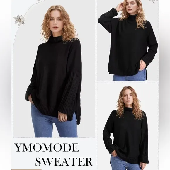 Women's Turtleneck Oversized Sweaters - Black M