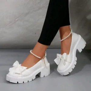 Women's Wedge High Heels Round Toe Shoes With Faux Pearl Chain Decoration