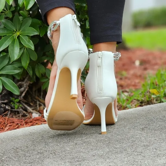 Womens White Ankle Strap Heels Chains Stiletto Sandals