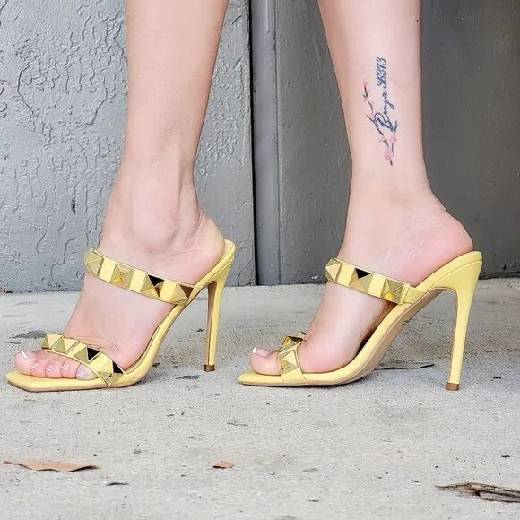 Women's Yellow Studded High Heel Square Open Toe Shoes