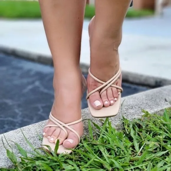 Women's Nude Square Sole Triple Strappy Chunky Heel Sandals