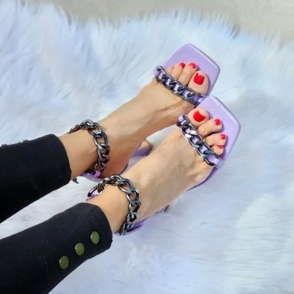 Womens Purple Ankle Strap Heels Chains Stiletto Sandals