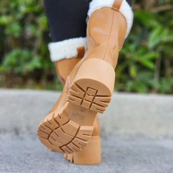Women's Sherpa Faux Fur Ankle Boot Tan Color
