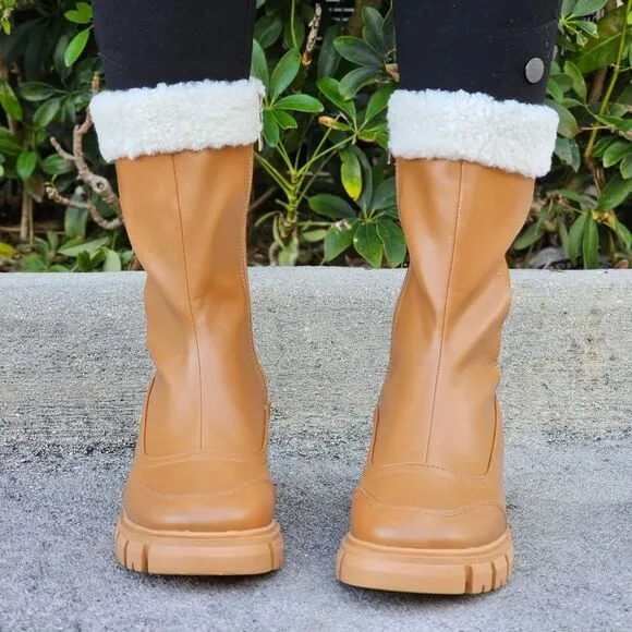 Women's Sherpa Faux Fur Ankle Boot Tan Color