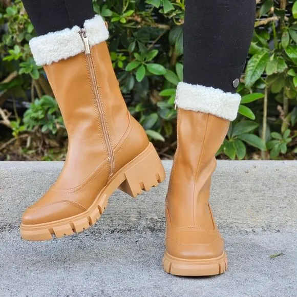 Women's Sherpa Faux Fur Ankle Boot Tan Color