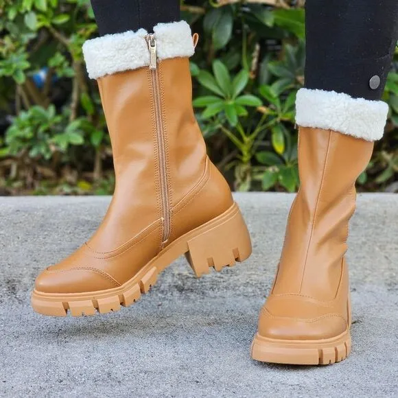 Women's Sherpa Faux Fur Ankle Boot Tan Color
