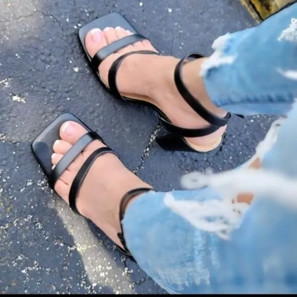 Womens Triple Straps Chunky Heels Sandals Black Color